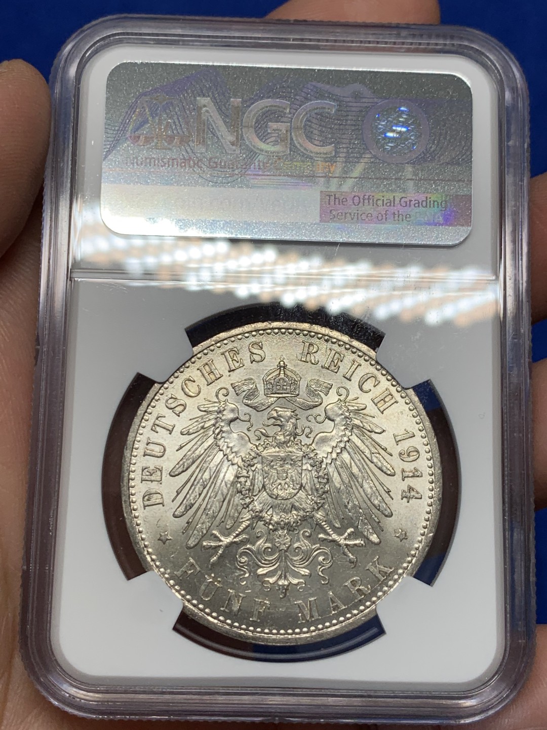 《竞宝斋》第149场-周日，周一，周四 3场 (全场包邮) NGC-MS62 德国 1914年 5马克 银币 普鲁士 威廉二世军装版银币 原光好品 温润舒服