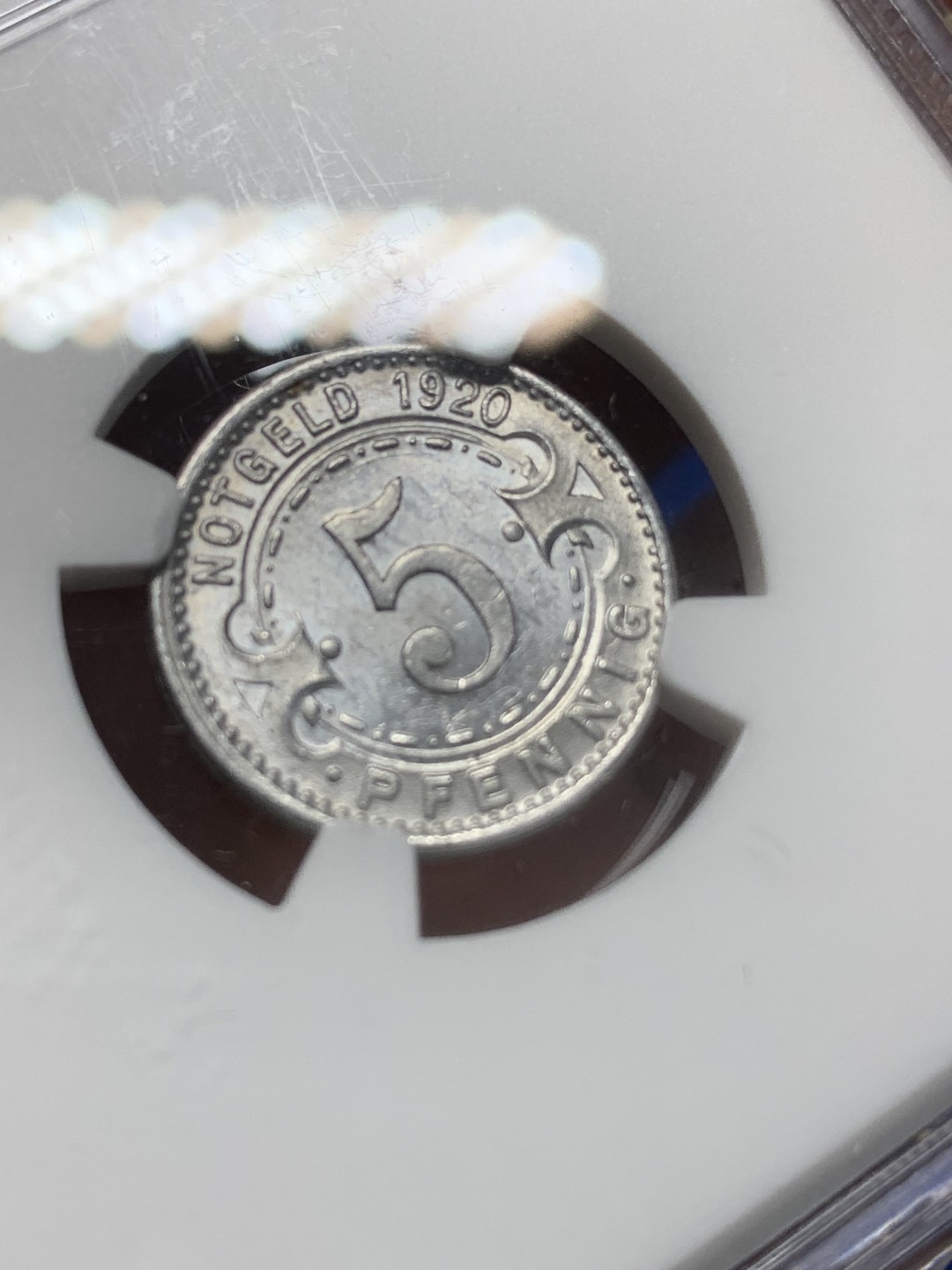 《竞宝斋》第149场-周日，周一，周四 3场 (全场包邮) NGC-MS63 德国 德紧1920年维滕5芬尼铝币，底板镜面感强烈，与德紧名誉品门登洞熊同属Heinrich Kissing厂设计铸造 风格相近