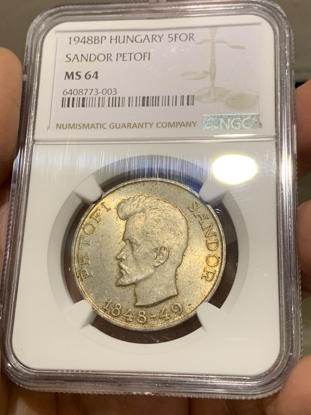 《竞宝斋》第149场-周日，周一，周四 3场 (全场包邮) 第三名 NGC-MS64 匈牙利1948年 洗剪吹第一人 5佛林银币 顶级品相五彩包浆