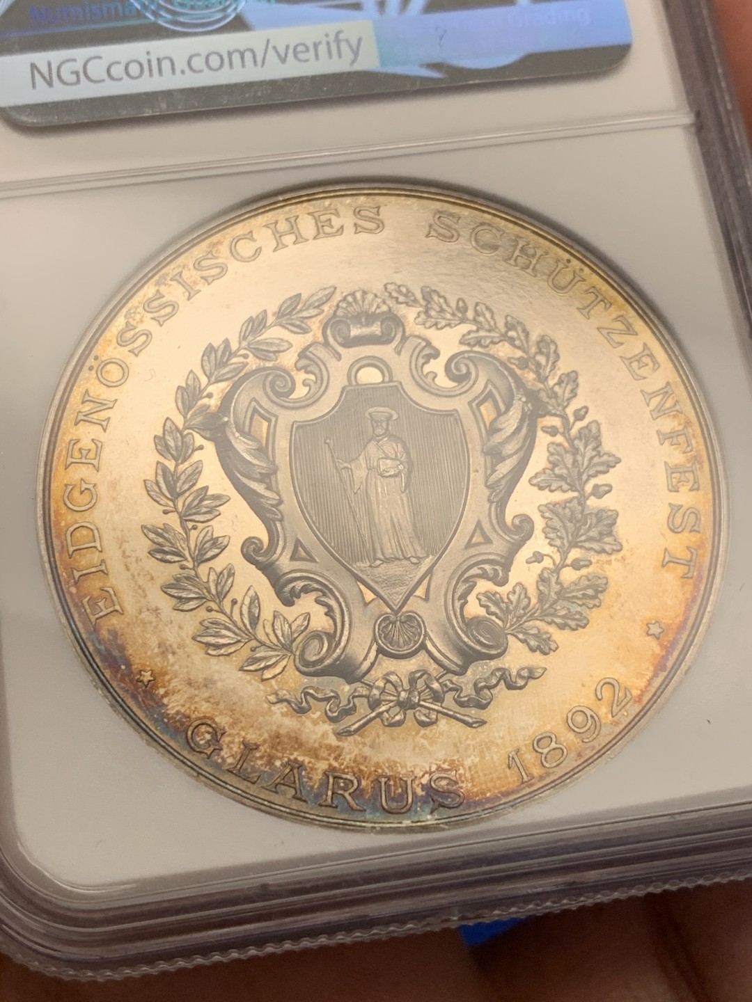 《竞宝斋》第149场-周日，周一，周四 3场 (全场包邮) NGC-UNC 瑞士1892年 格拉鲁斯 射击节银章 细节好 包浆漂亮