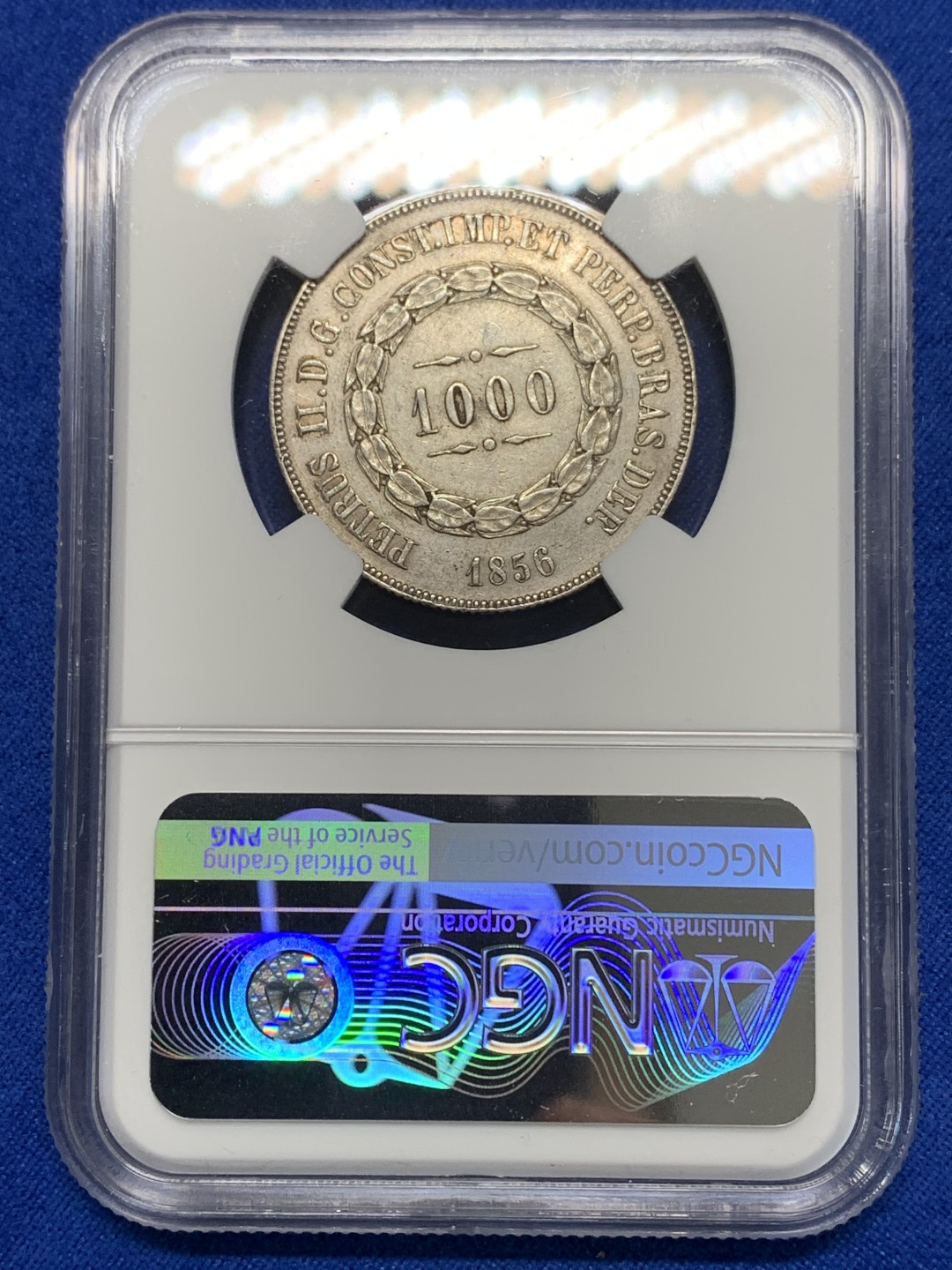 《竞宝斋》第149场-周日，周一，周四 3场 (全场包邮) NGC-AUD 1856巴西1000里亚尔银币，小叶版 半元型