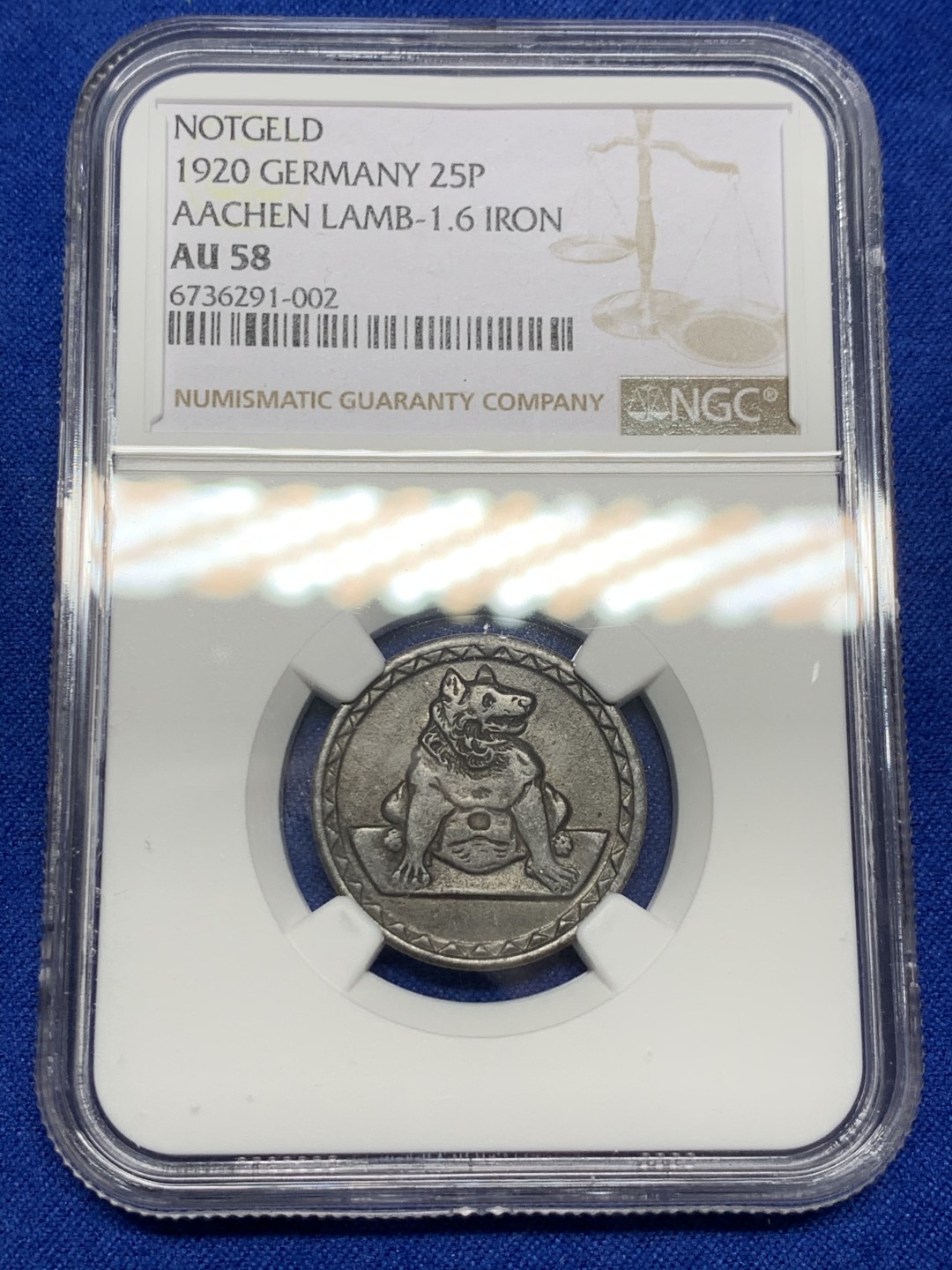 《竞宝斋》第149场-周日，周一，周四 3场 (全场包邮) NGC-AU58 德国紧急状态时期亚琛无心狼 1920年 25芬尼 原味老包浆细节很棒 状态好