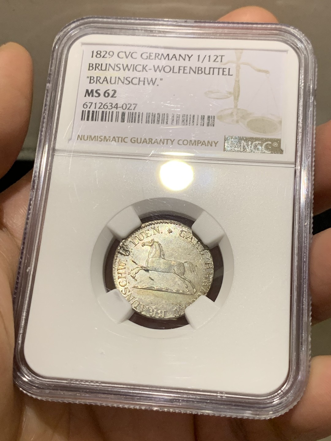 《竞宝斋》第149场-周日，周一，周四 3场 (全场包邮) NGC-MS62 德国布伦瑞克1829年奔马1/12泰勒银币