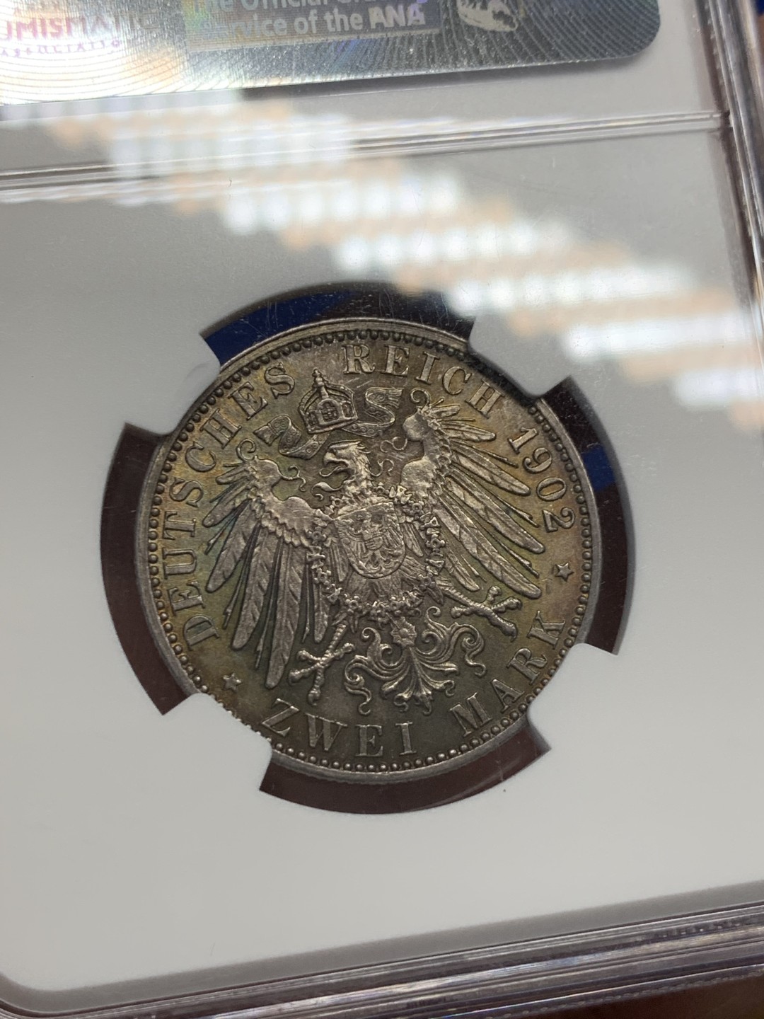 《竞宝斋》第149场-周日，周一，周四 3场 (全场包邮) NGC-AU 德国 1902年 巴登 在位五十年 2马克银币 蓝紫色包浆 味道很好