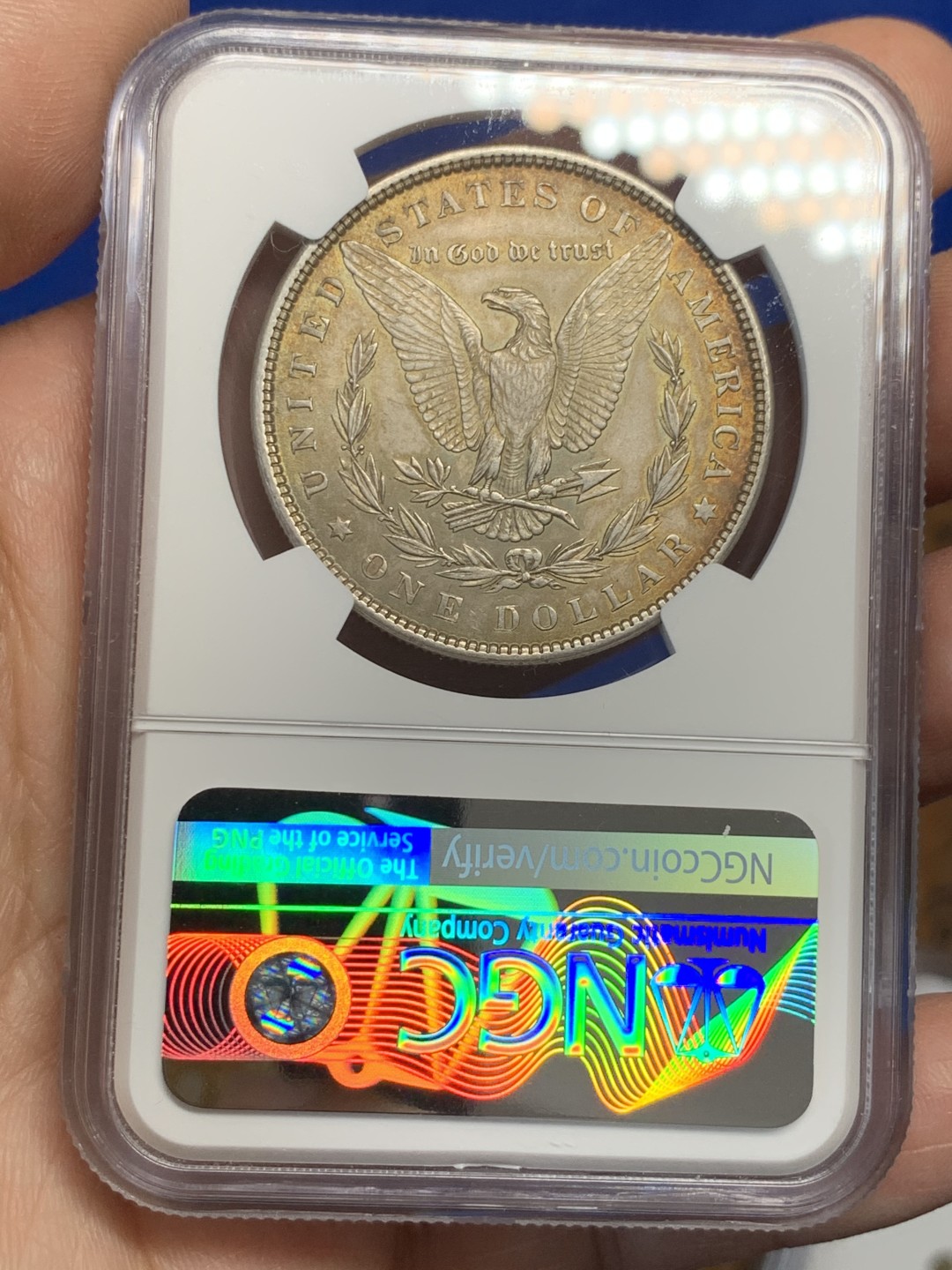 《竞宝斋》第149场-周日，周一，周四 3场 (全场包邮) NGC-MS63 美国1882年 摩根一元 五彩包浆