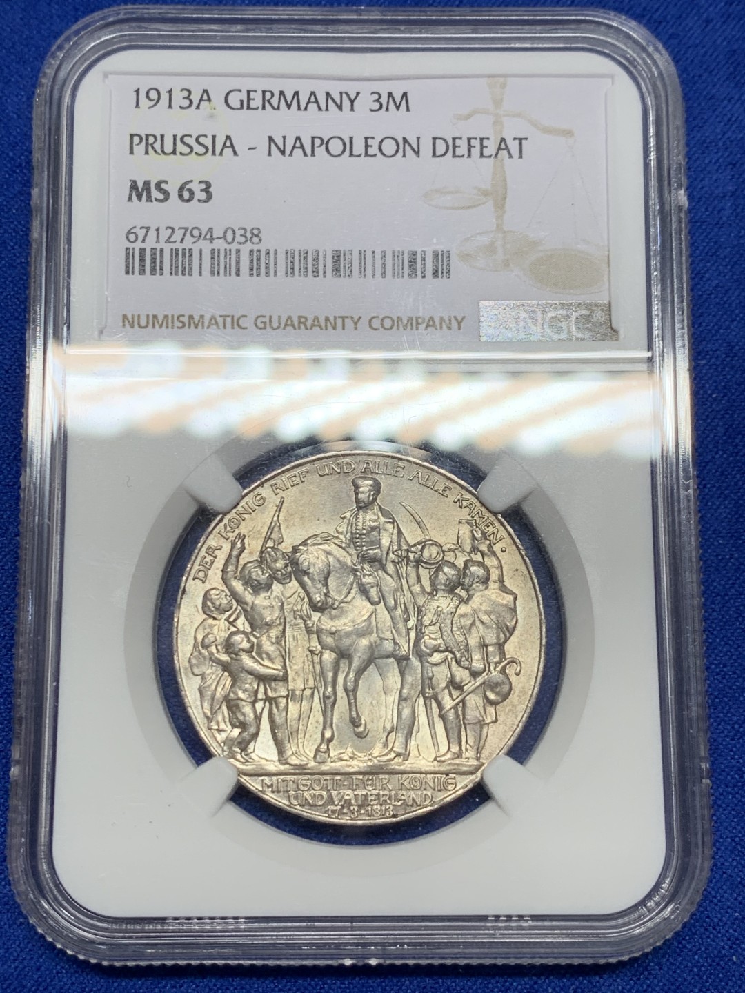 《竞宝斋》第149场-周日，周一，周四 3场 (全场包邮) NGC-MS63 德国1913年 普鲁士 普法胜利3马克银币 带淡包浆