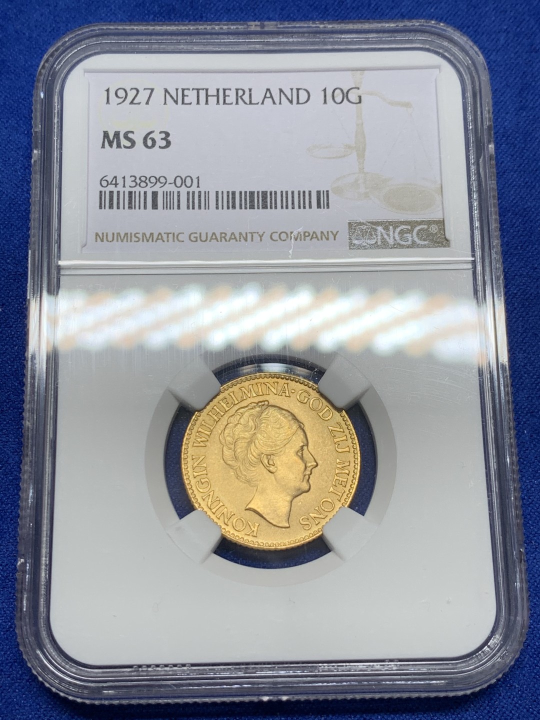 《竞宝斋》第149场-周日，周一，周四 3场 (全场包邮) NGC-MS63 荷兰1927年威廉米娜女王10盾金币 顶级品相