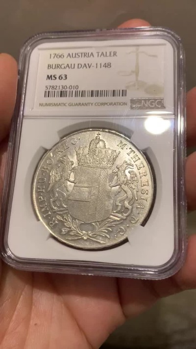 《竞宝斋》第149场-周日，周一，周四 3场 (全场包邮) NGC-MS63 奥地利 1766年 1泰勒 布尔高金茨堡铸币厂铸造，无头像版玛利亚特蕾莎贸易泰勒仅发行两个年份比带头像版少很多