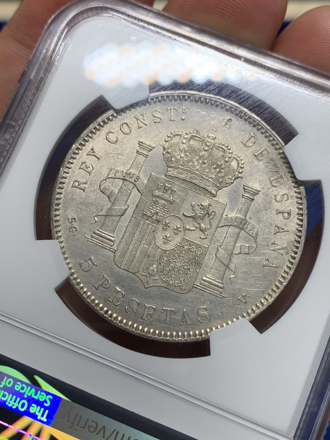 《竞宝斋》第149场-周日，周一，周四 3场 (全场包邮) NGC AUD 西班牙 1898年5比索银币阿方索十三世 徽面细节好