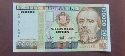【币将精彩】世界纸币+硬币拍卖(2023-4-11) - 秘鲁1989年100000茵弟纸币unc