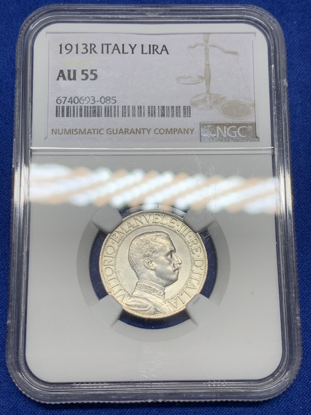 《竞宝斋》第149场-周日，周一，周四 3场 (全场包邮) NGC-AU55 意大利1913 圈版1里拉银币 少见版别，好品不易