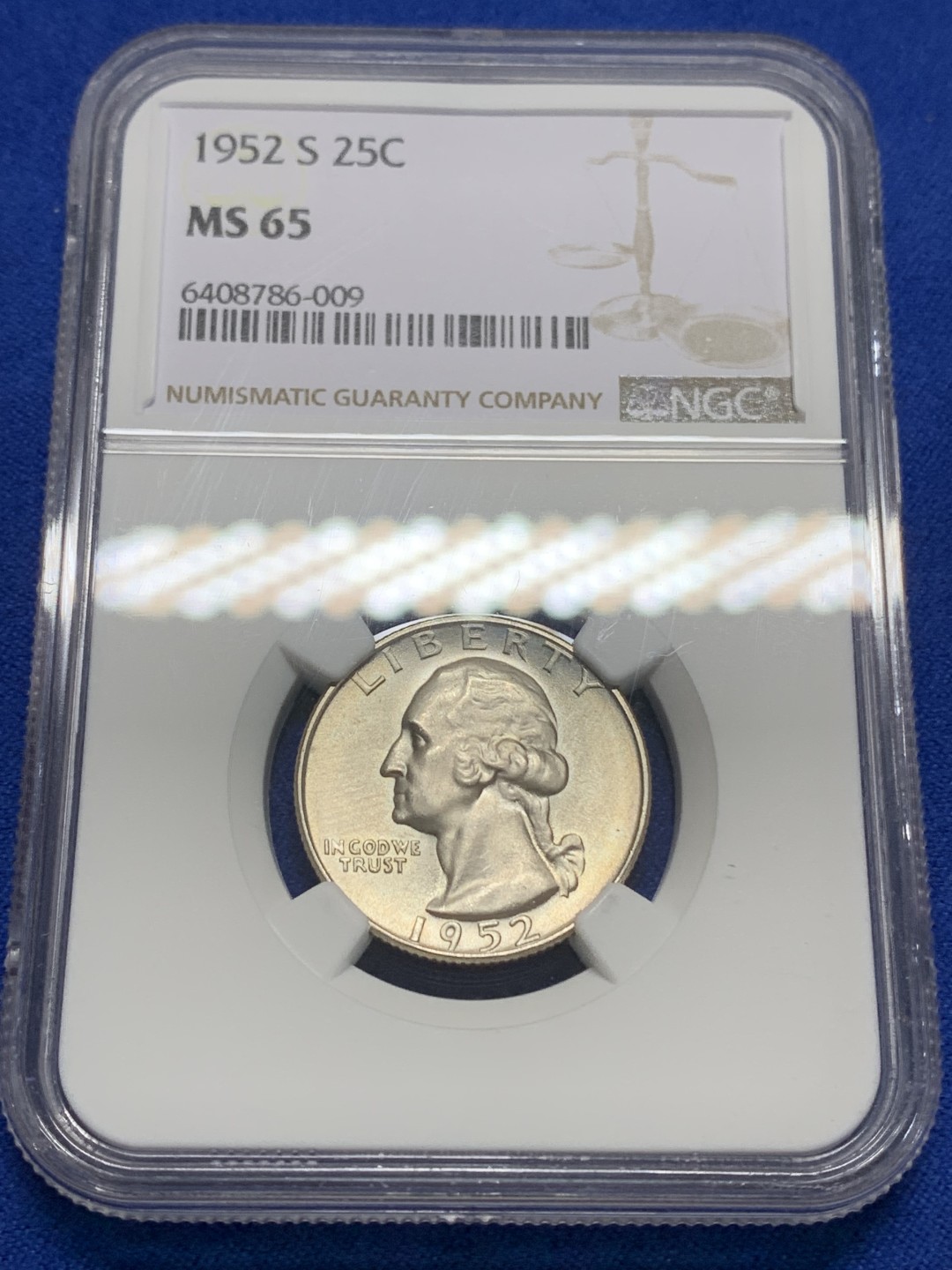 《竞宝斋》第149场-周日，周一，周四 3场 (全场包邮) NGC-MS65 美国1952-S年 1/4美元银币 顶级品相