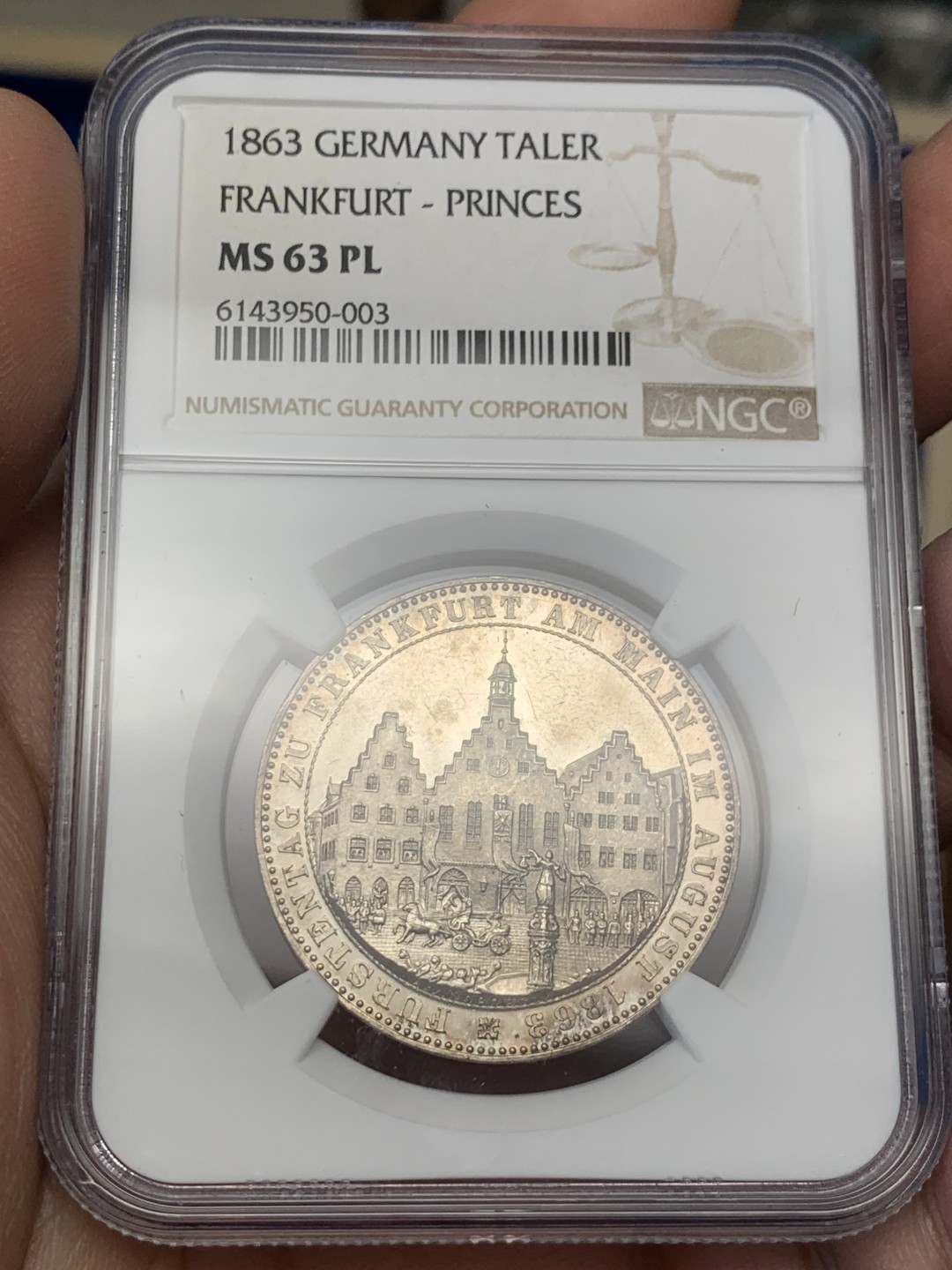 《竞宝斋》第149场-周日，周一，周四 3场 (全场包邮) NGC-MS63PL 德国1863年王子会议泰勒银币，也称著名的法兰克福市政厅景观泰勒，带PL尾巴的很少，NGC数据库中带PL后缀的仅有两枚，绝佳镜面效果！