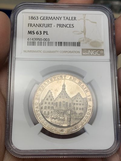 《竞宝斋》第149场-周日，周一，周四 3场 (全场包邮) - NGC-MS63PL 德国1863年王子会议泰勒银币，也称著名的法兰克福市政厅景观泰勒，带PL尾巴的很少，NGC数据库中带PL后缀的仅有两枚，绝佳镜面效果！