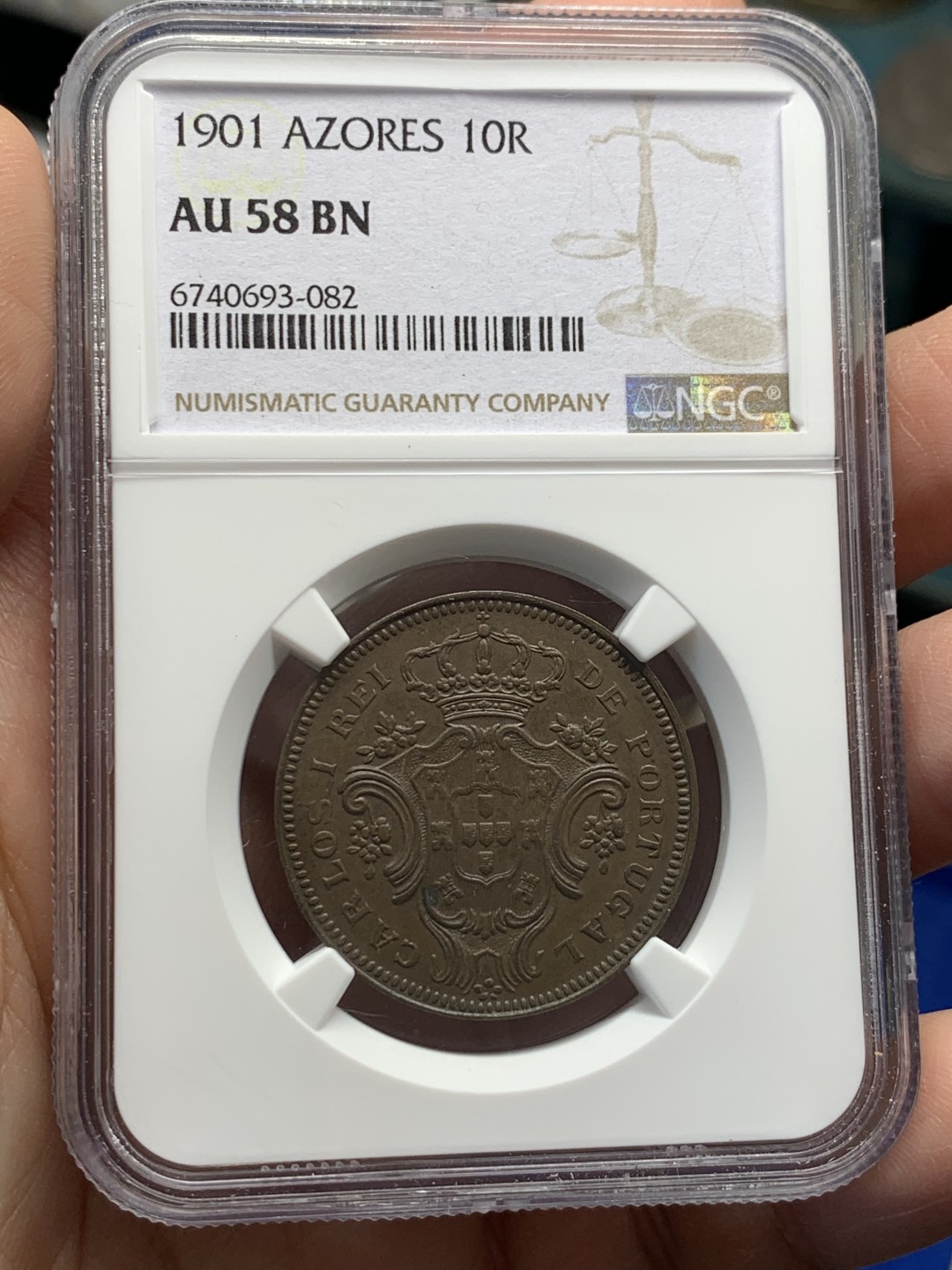 《竞宝斋》第149场-周日，周一，周四 3场 (全场包邮) NGC-AU58BN 1901葡属亚速尔 10里亚尔铜币 少见品种，设计精美