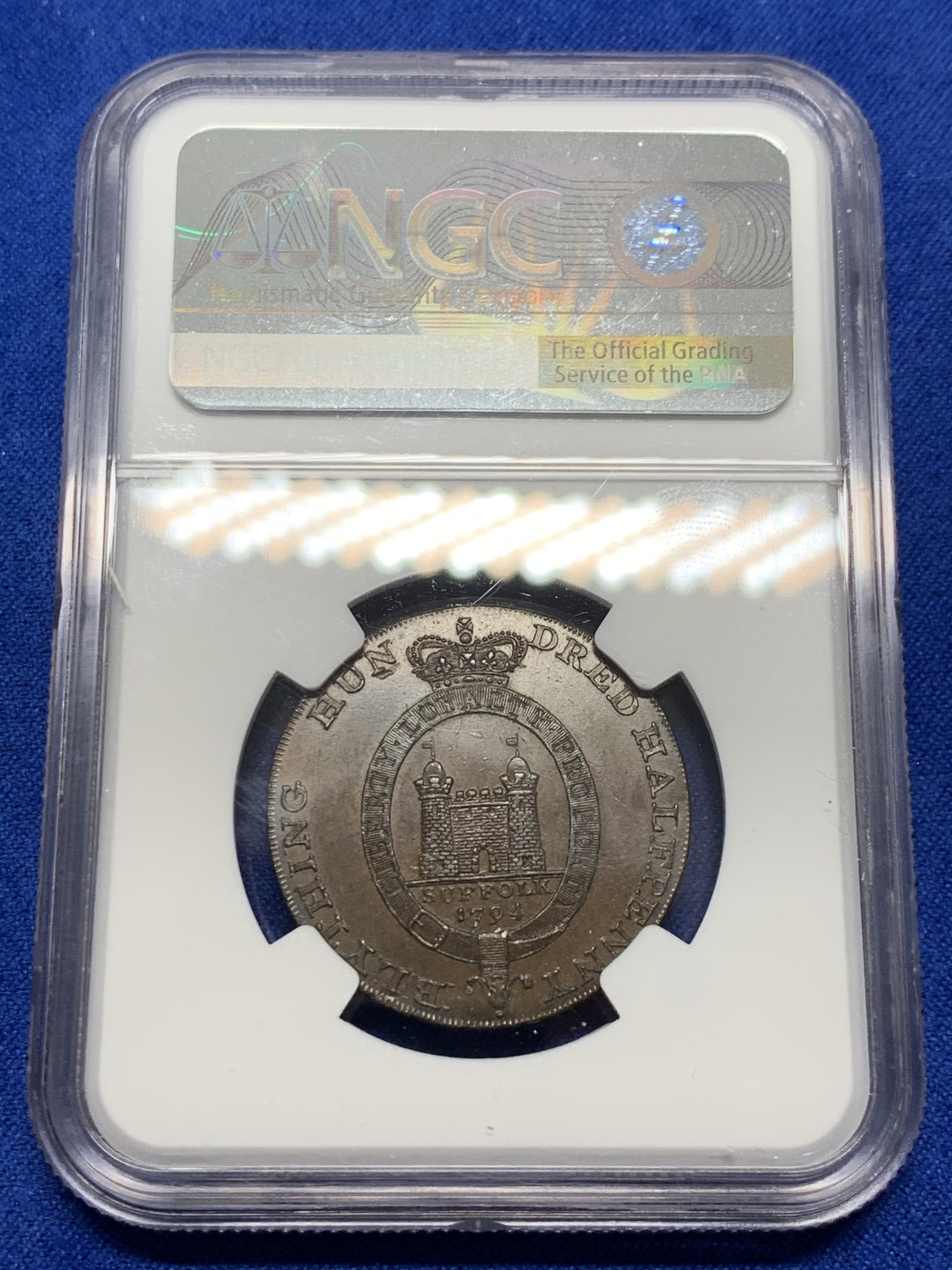 《竞宝斋》第149场-周日，周一，周四 3场 (全场包邮) NGC MS62BN 1794年英国Suffolk 1/2便士铜代币 罕见品种 底板丝滑