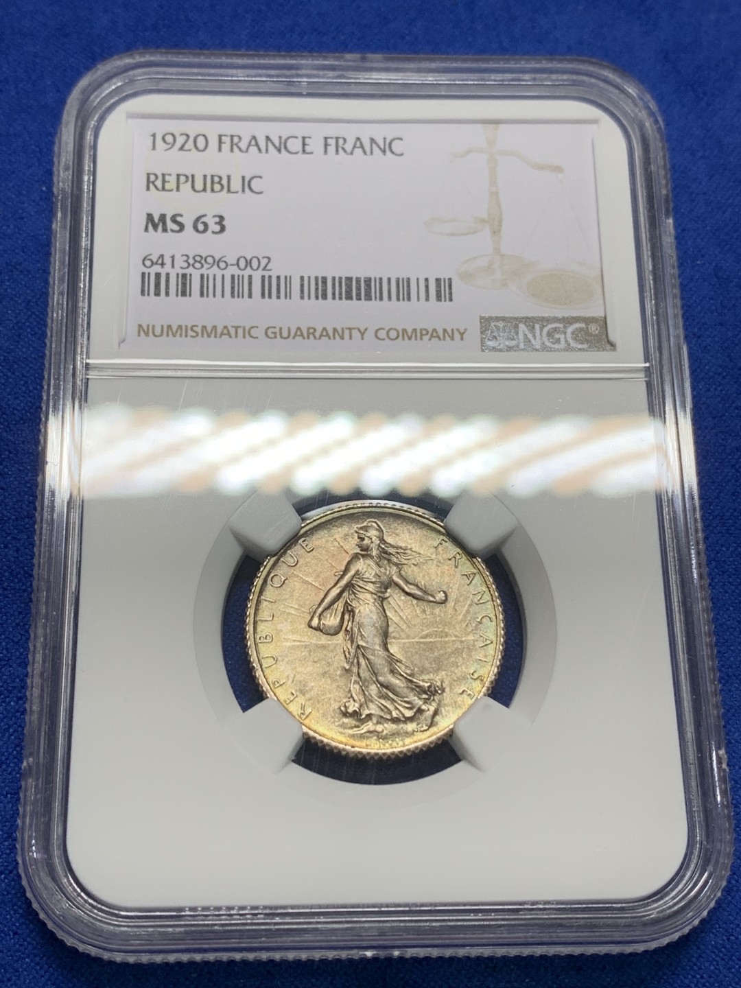 《竞宝斋》第149场-周日，周一，周四 3场 (全场包邮) NGC-MS63 法国1920年 播种女神1法郎银币 好品代彩 非常漂亮