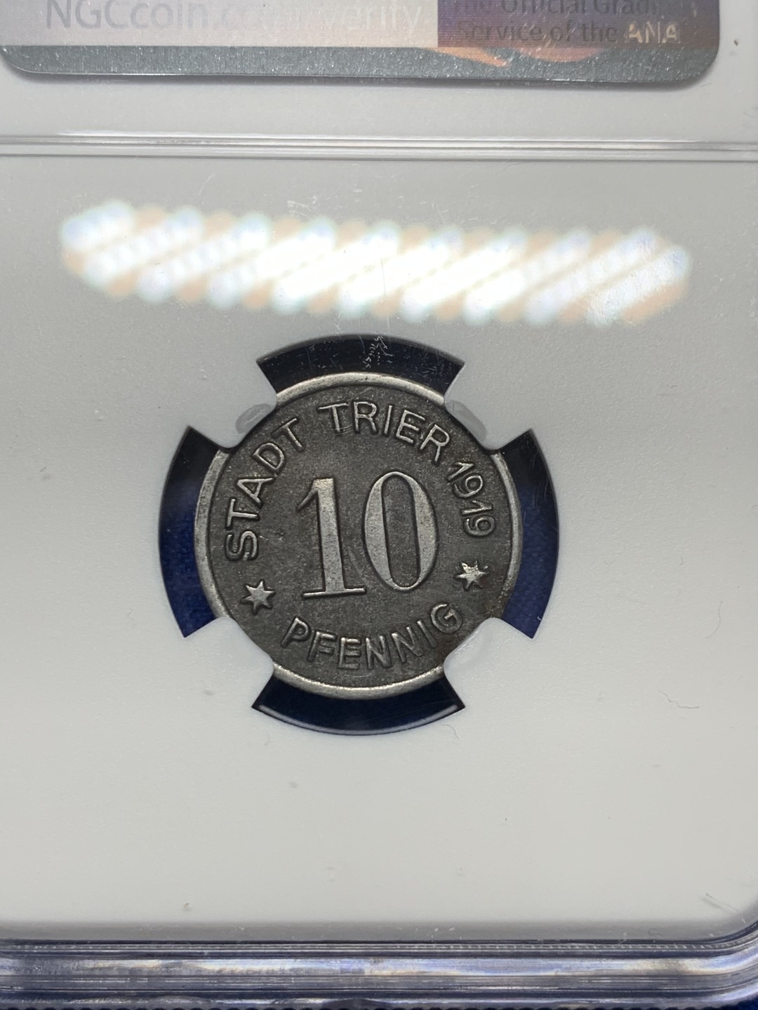 《竞宝斋》第149场-周日，周一，周四 3场 (全场包邮) NGC-AU55 德国紧急状态时期特里尔铁质币 1919年 10芬尼 细节不错低评状态