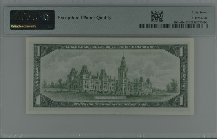 收藏联盟Quantum Auction 第247期拍卖 加拿大1967年1元议会纪念钞 PMG67 稀少带冠号版