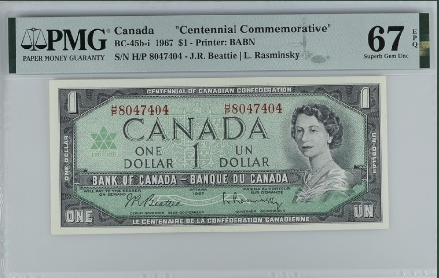 收藏联盟Quantum Auction 第247期拍卖 加拿大1967年1元议会纪念钞 PMG67 稀少带冠号版