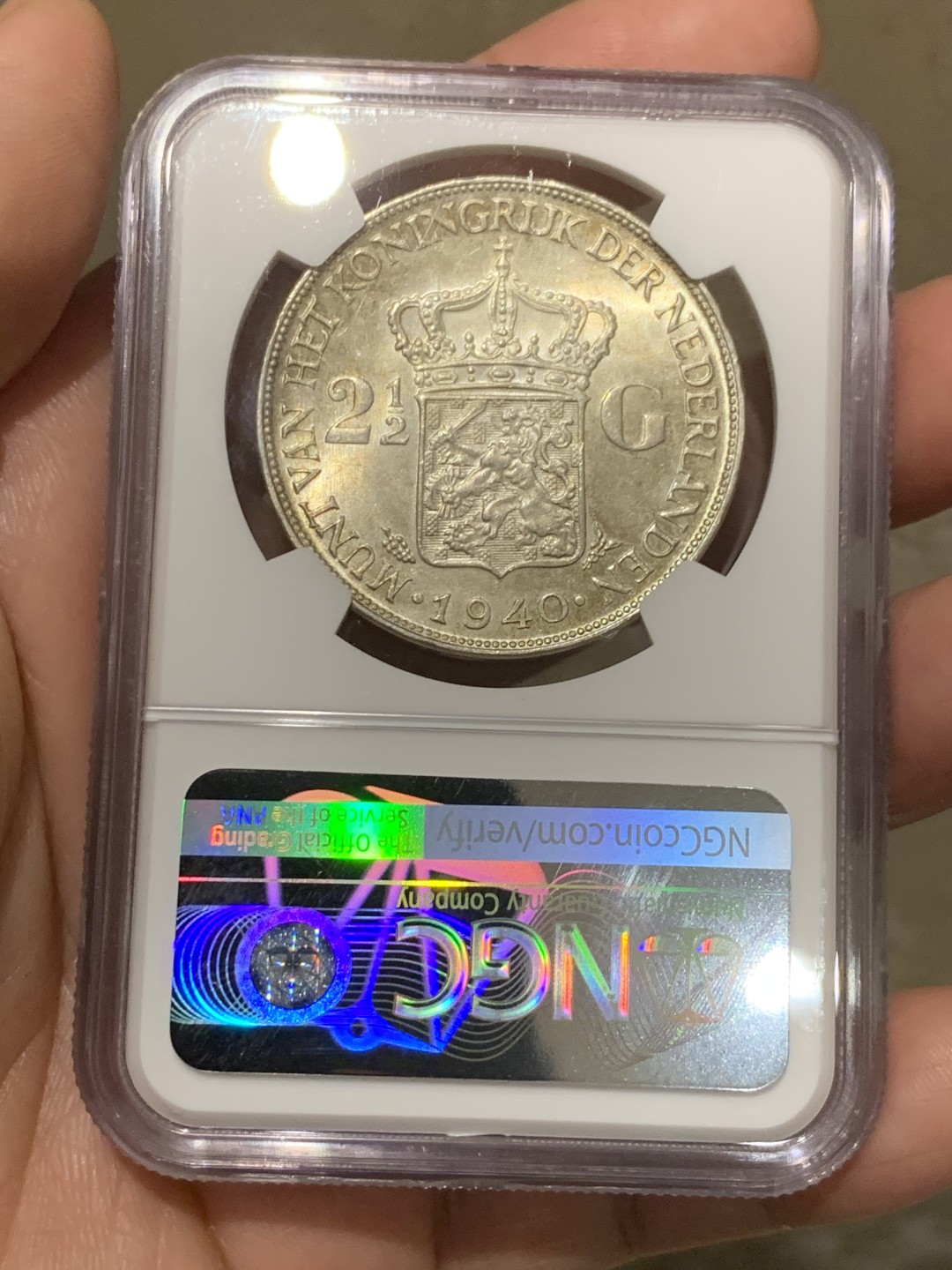 《竞宝斋》第149场-周日，周一，周四 3场 (全场包邮) 冠军分 NGC-MS63 荷兰1940年 威廉米娜女王2.5盾大银币 这款是特年 特别稀少 这分数已经可以终身收藏了