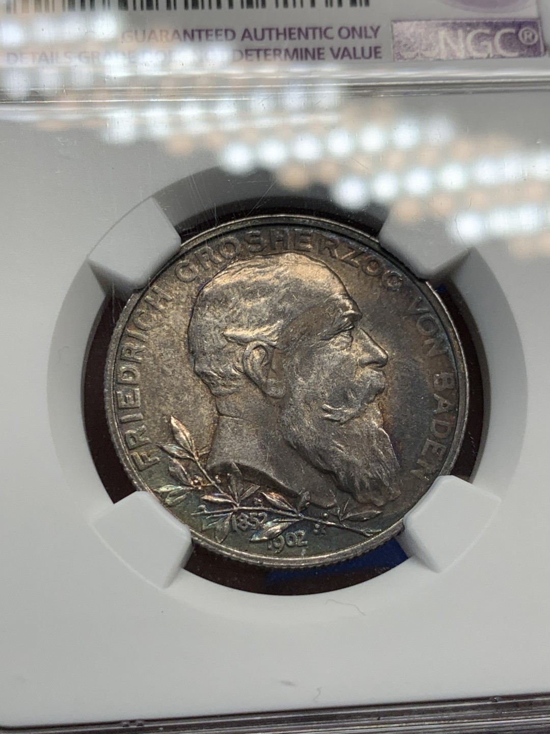 《竞宝斋》第149场-周日，周一，周四 3场 (全场包邮) NGC-AU 德国 1902年 巴登 在位五十年 2马克银币 蓝紫色包浆 味道很好