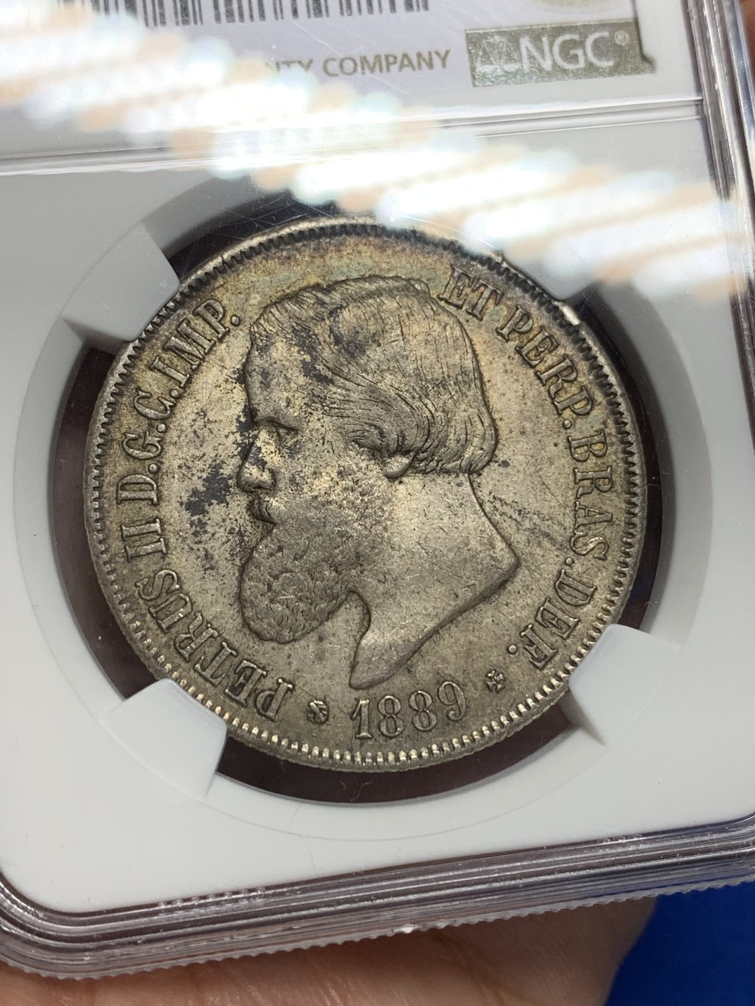 《竞宝斋》第149场-周日，周一，周四 3场 (全场包邮) NGC-AU 巴西1889年 佩德罗2000瑞斯大银币 原味好品 包浆太厚没给分