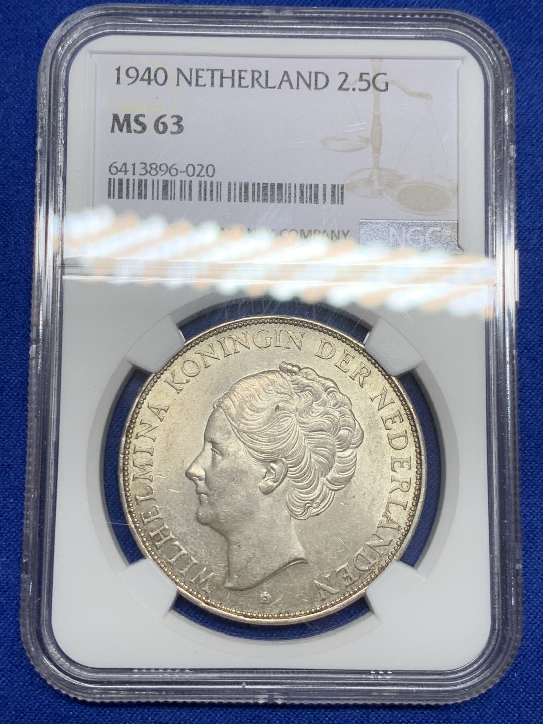 《竞宝斋》第149场-周日，周一，周四 3场 (全场包邮) 冠军分 NGC-MS63 荷兰1940年 威廉米娜女王2.5盾大银币 这款是特年 特别稀少 这分数已经可以终身收藏了