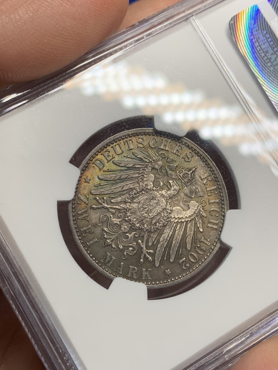 《竞宝斋》第149场-周日，周一，周四 3场 (全场包邮) NGC-AU 德国 1902年 巴登 在位五十年 2马克银币 蓝紫色包浆 味道很好