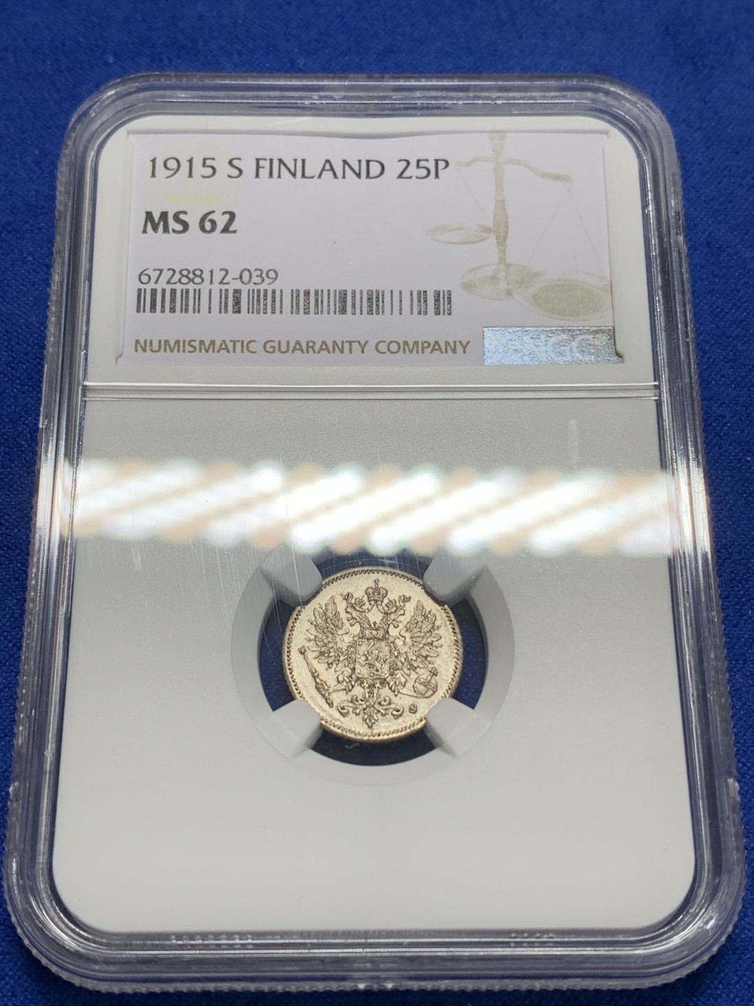 《竞宝斋》第149场-周日，周一，周四 3场 (全场包邮) NGC-MS62 俄属芬兰1915年 双头鹰25P银币 原光好品