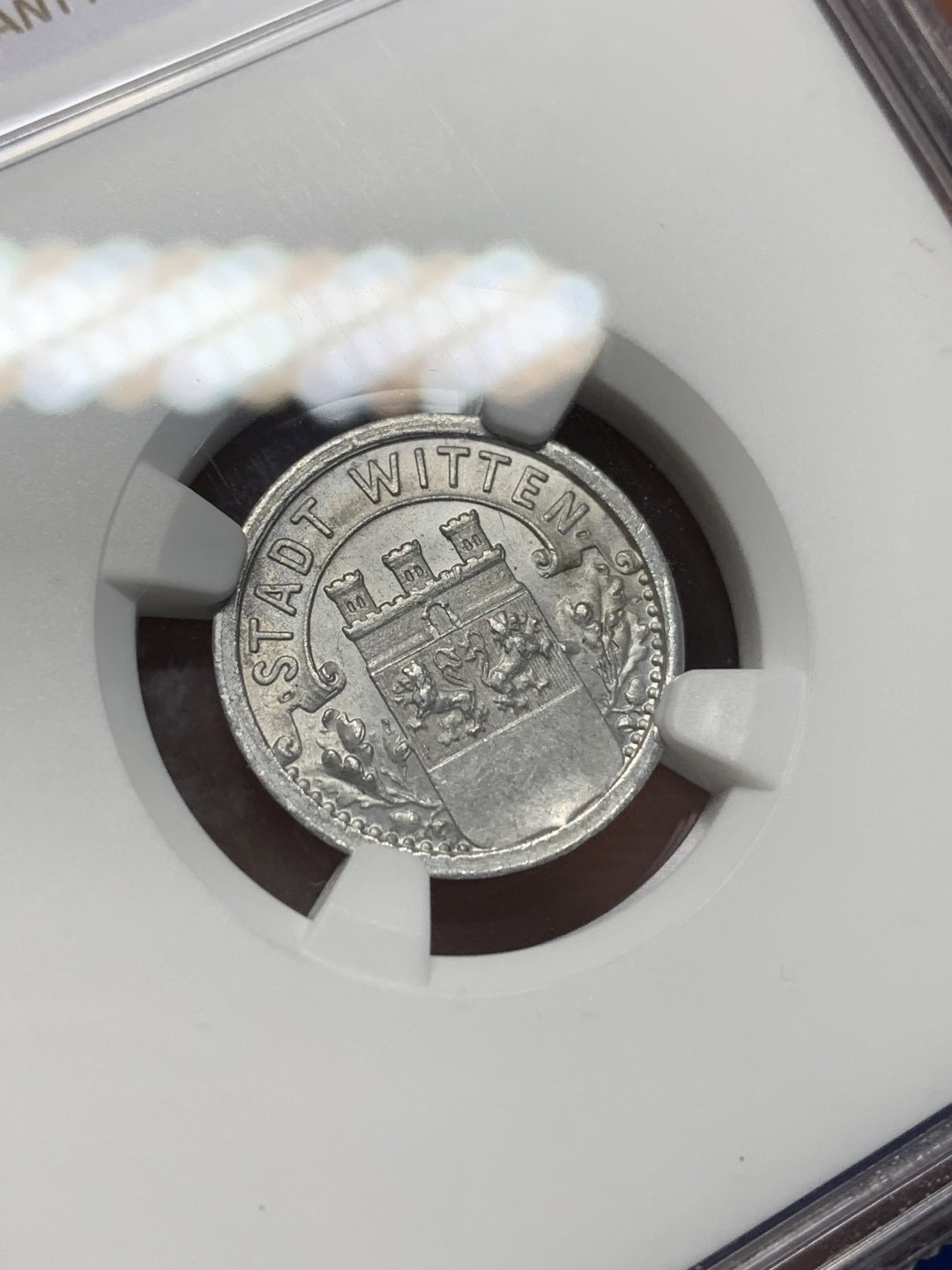 《竞宝斋》第149场-周日，周一，周四 3场 (全场包邮) NGC-MS63 德国 德紧1920年维滕5芬尼铝币，底板镜面感强烈，与德紧名誉品门登洞熊同属Heinrich Kissing厂设计铸造 风格相近