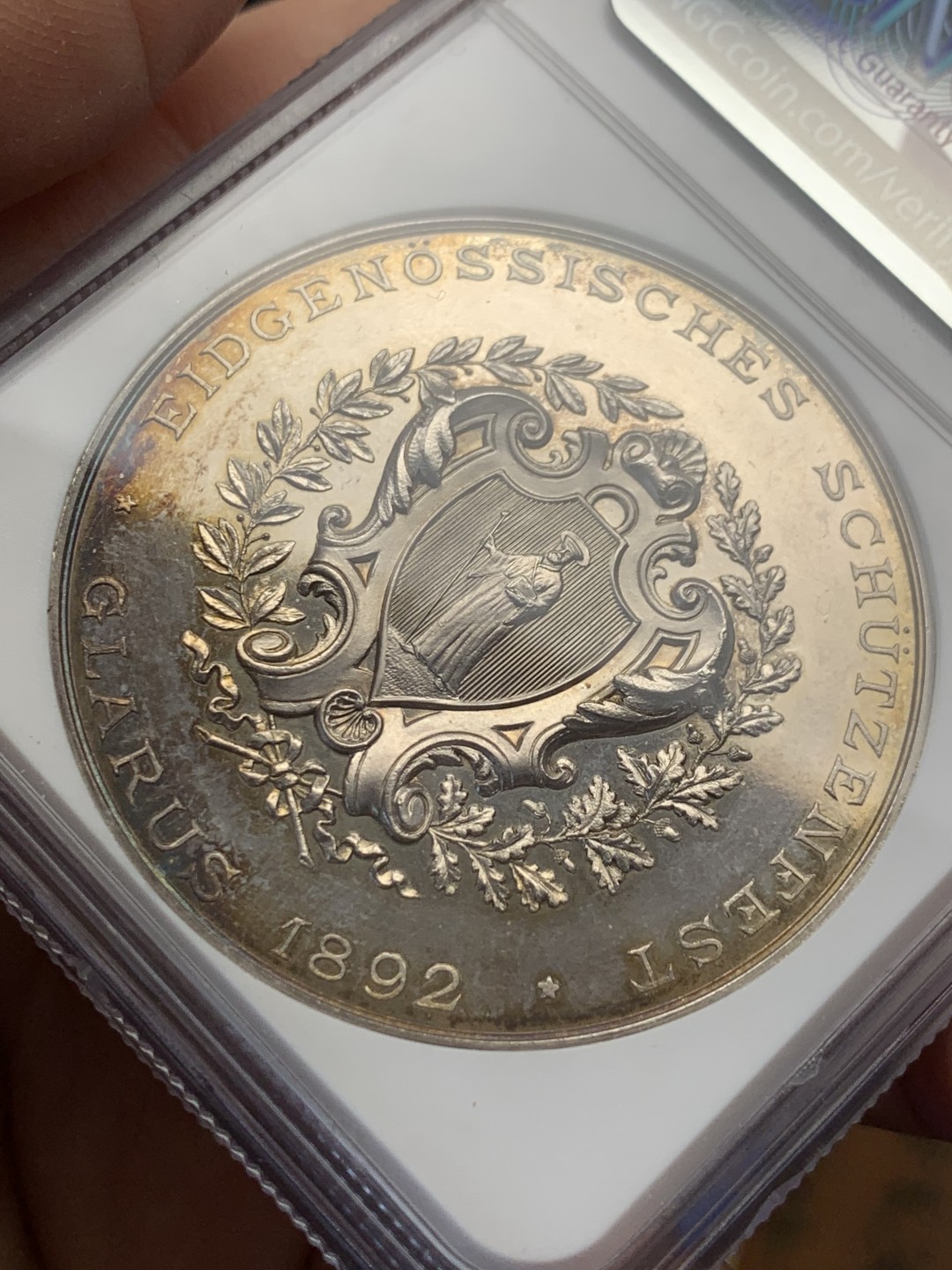 《竞宝斋》第149场-周日，周一，周四 3场 (全场包邮) NGC-UNC 瑞士1892年 格拉鲁斯 射击节银章 细节好 包浆漂亮