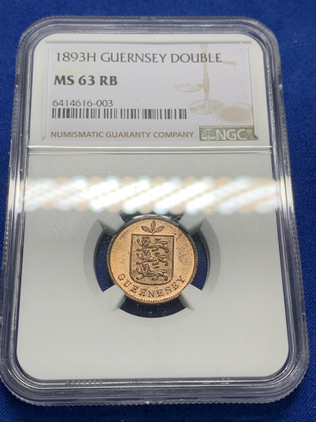 《竞宝斋》第149场-周日，周一，周四 3场 (全场包邮) NGC-MS63RB 1893年 英属根西1道布铜币，。喜敦厂铸造，铜光靓丽。三狮脸部细节非常好，表情清晰可辨，难得无任何弱打