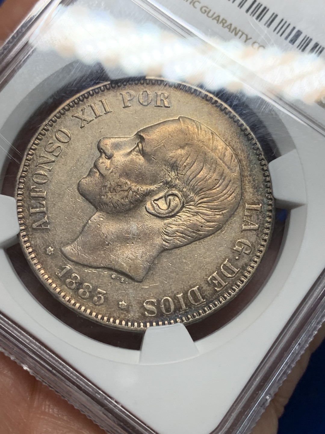 《竞宝斋》第149场-周日，周一，周四 3场 (全场包邮) NGC AUD 西班牙 1883年5比索银币阿方索十二世 玫瑰色包浆好品