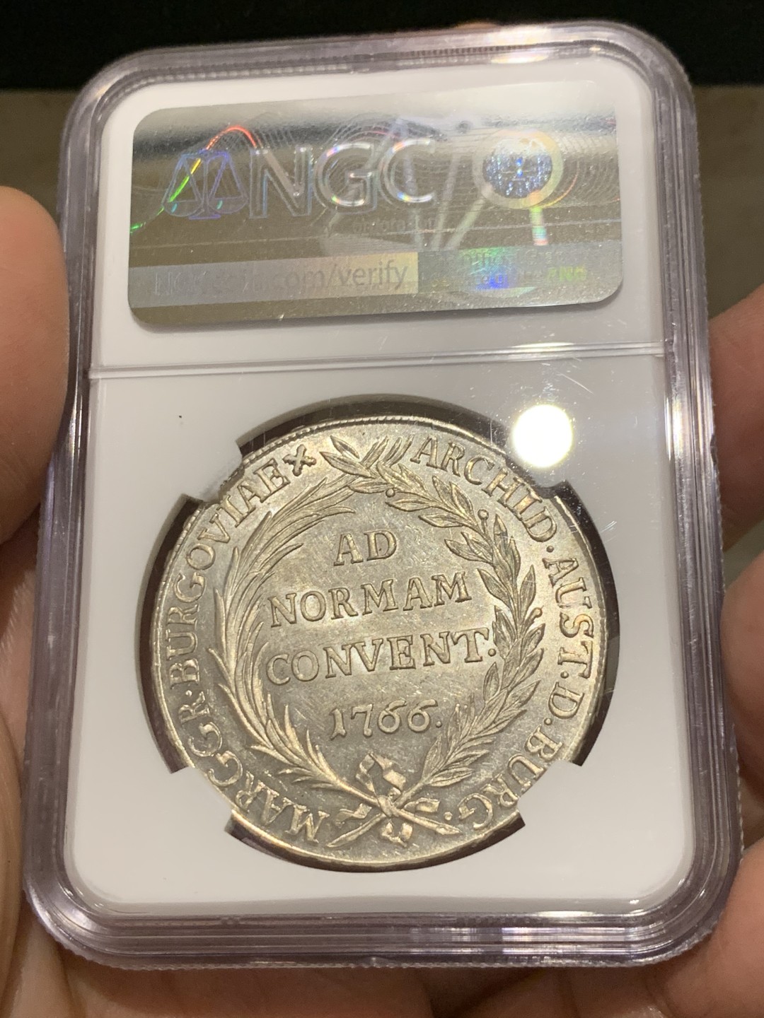 《竞宝斋》第149场-周日，周一，周四 3场 (全场包邮) NGC-MS63 奥地利 1766年 1泰勒 布尔高金茨堡铸币厂铸造，无头像版玛利亚特蕾莎贸易泰勒仅发行两个年份比带头像版少很多