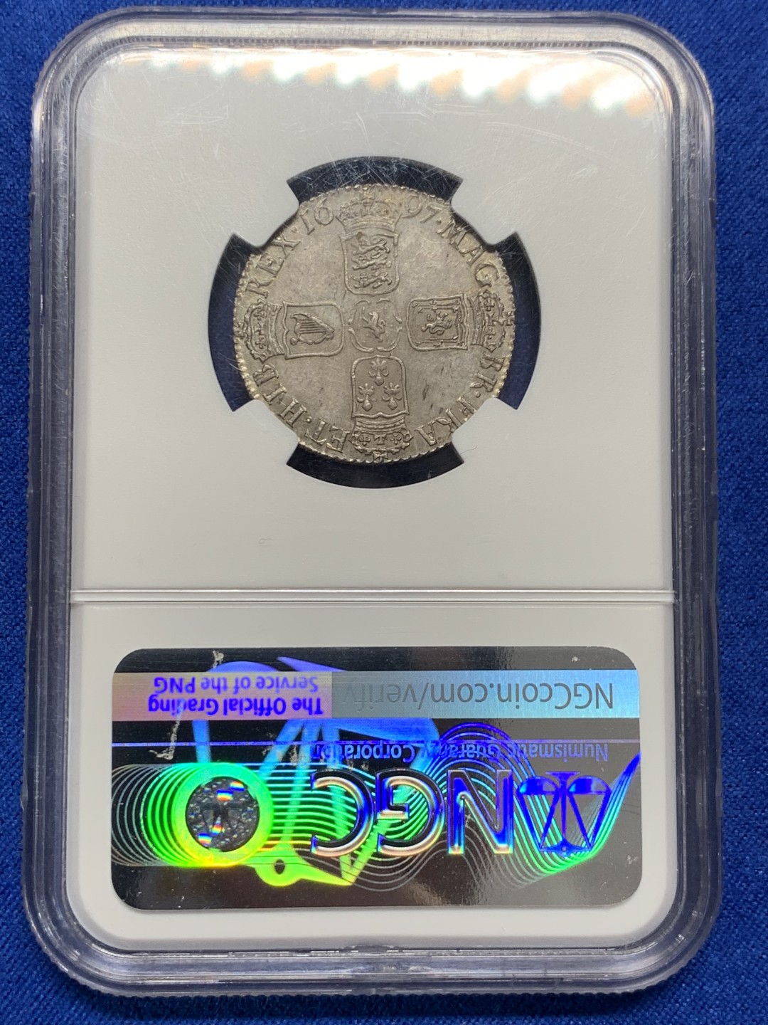 《竞宝斋》第149场-周日，周一，周四 3场 (全场包邮) NGC-MS63 1697年英国威廉三世1先令银币 深打无减重，紫灰色包浆，远超分数的状态