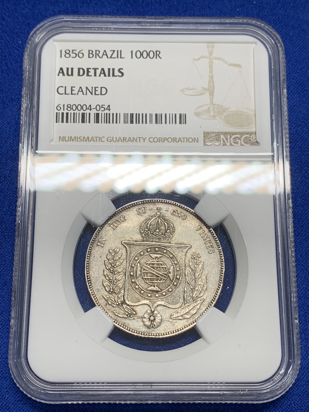 《竞宝斋》第149场-周日，周一，周四 3场 (全场包邮) NGC-AUD 1856巴西1000里亚尔银币，小叶版 半元型