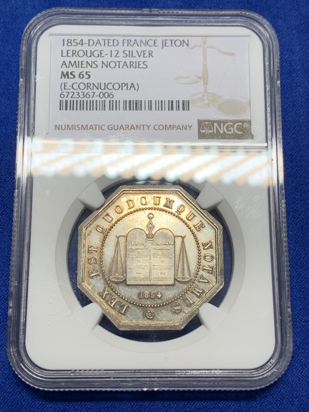 《竞宝斋》第149场-周日，周一，周四 3场 (全场包邮) NGC MS65 1854年法国公证人八角 极品分数 霜光饱满