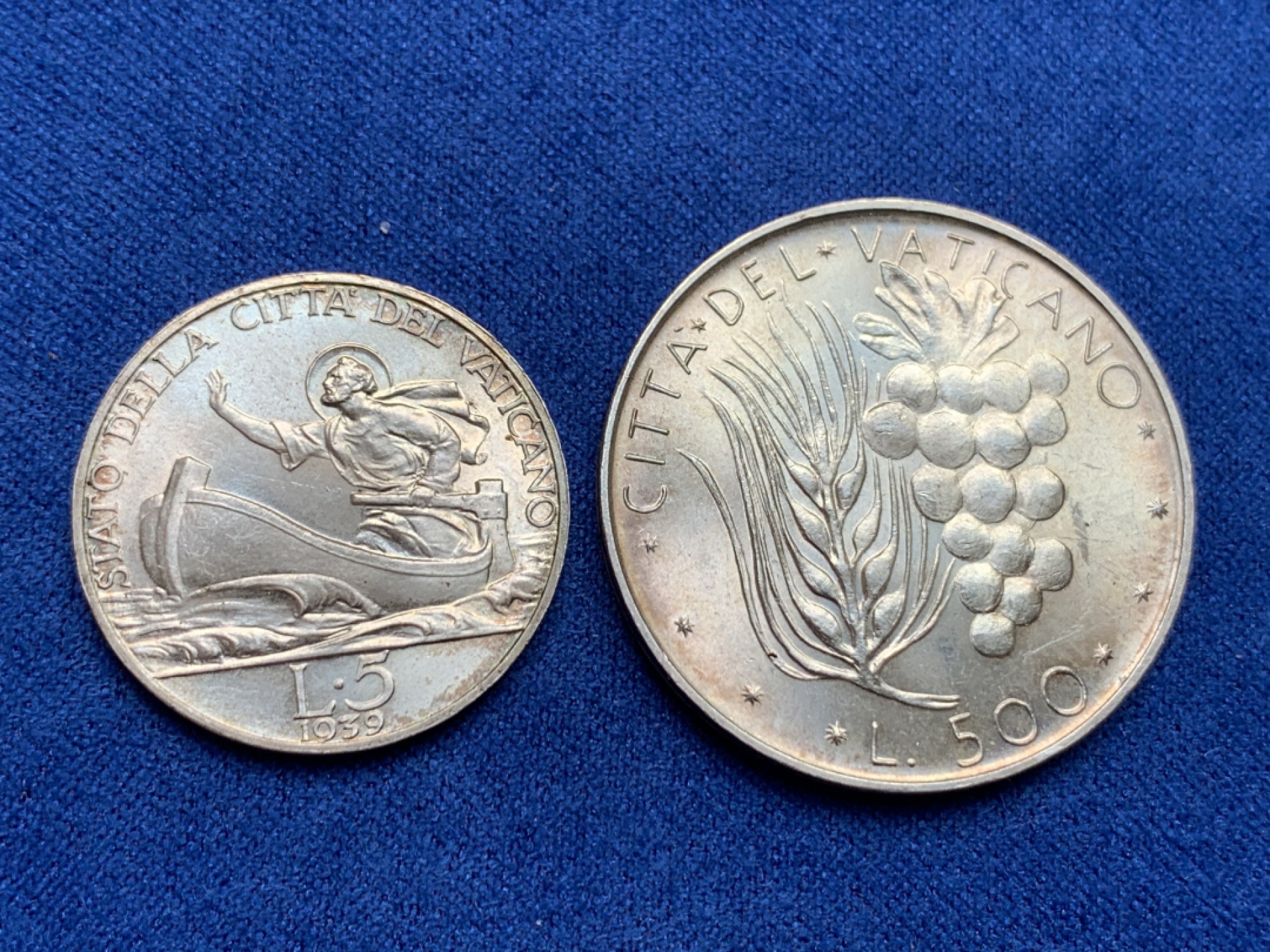 《竞宝斋》第149场-周日，周一，周四 3场 (全场包邮) 梵蒂冈银币两枚，葡萄500里拉+小船5里拉