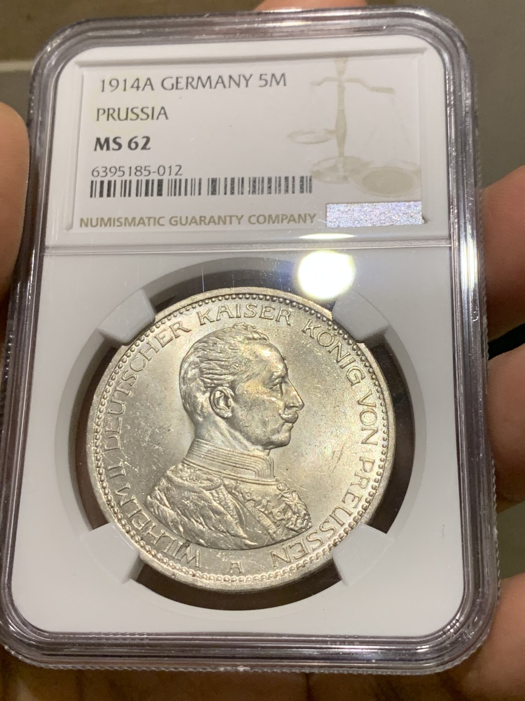 《竞宝斋》第149场-周日，周一，周四 3场 (全场包邮) NGC-MS62 德国 1914年 5马克 银币 普鲁士 威廉二世军装版银币 原光好品 温润舒服