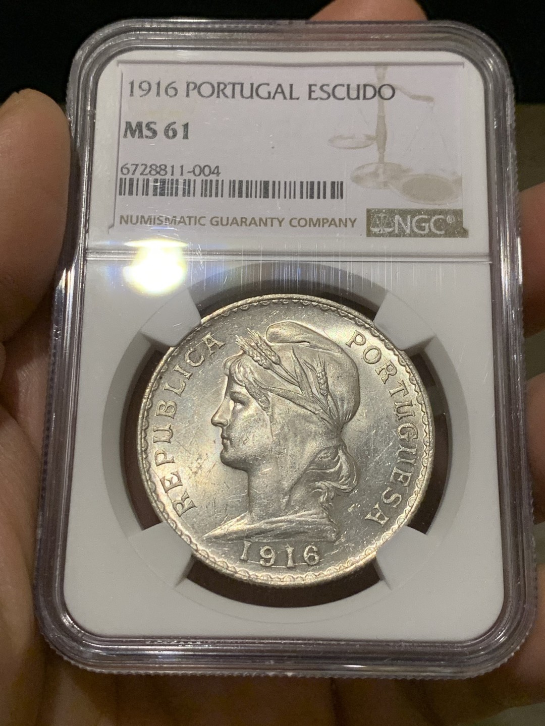 《竞宝斋》第149场-周日，周一，周四 3场 (全场包邮) NGC-MS61 葡萄牙1916年 1埃斯库多大银币 原光好品 少见品种