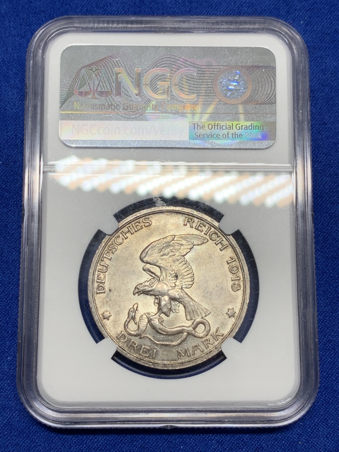 《竞宝斋》第149场-周日，周一，周四 3场 (全场包邮) NGC-MS63 德国1913年 普鲁士 普法胜利3马克银币 带淡包浆