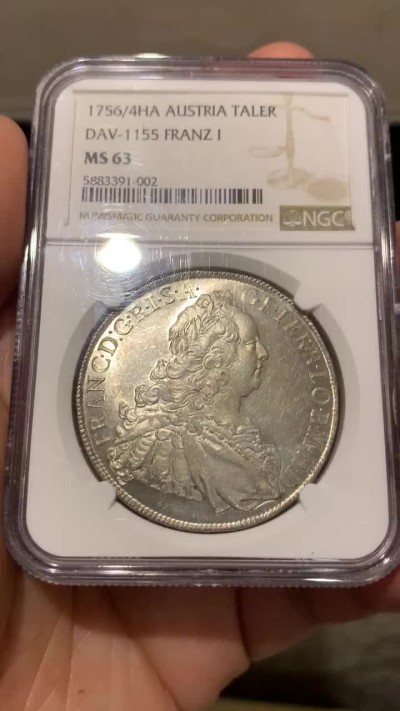 《竞宝斋》第149场-周日，周一，周四 3场 (全场包邮) NGC-MS63 1756/4年神圣罗马帝国弗朗茨一世泰勒 大奶妈的老公，这个皇帝头像的币非常少见，奥地利所有年份版别加起来只有12个MS，此枚是唯一评级记录