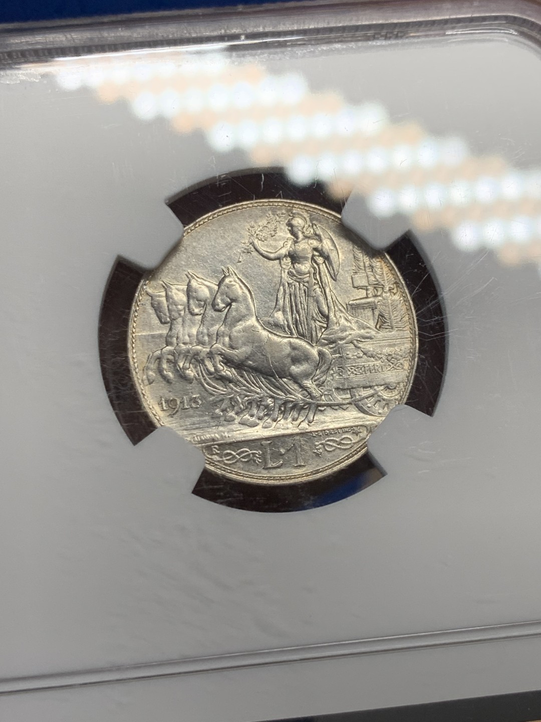 《竞宝斋》第149场-周日，周一，周四 3场 (全场包邮) NGC-AU55 意大利1913 圈版1里拉银币 少见版别，好品不易