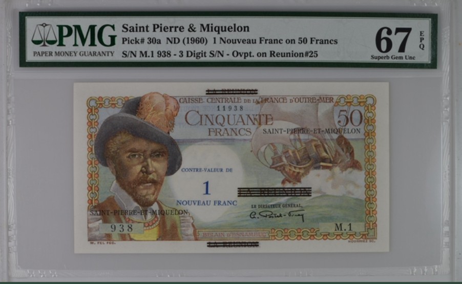 收藏联盟Quantum Auction 第247期拍卖 圣皮埃尔和密克隆群岛1960年1法郎 PMG67 冠军分 稀少初版 短冠号
