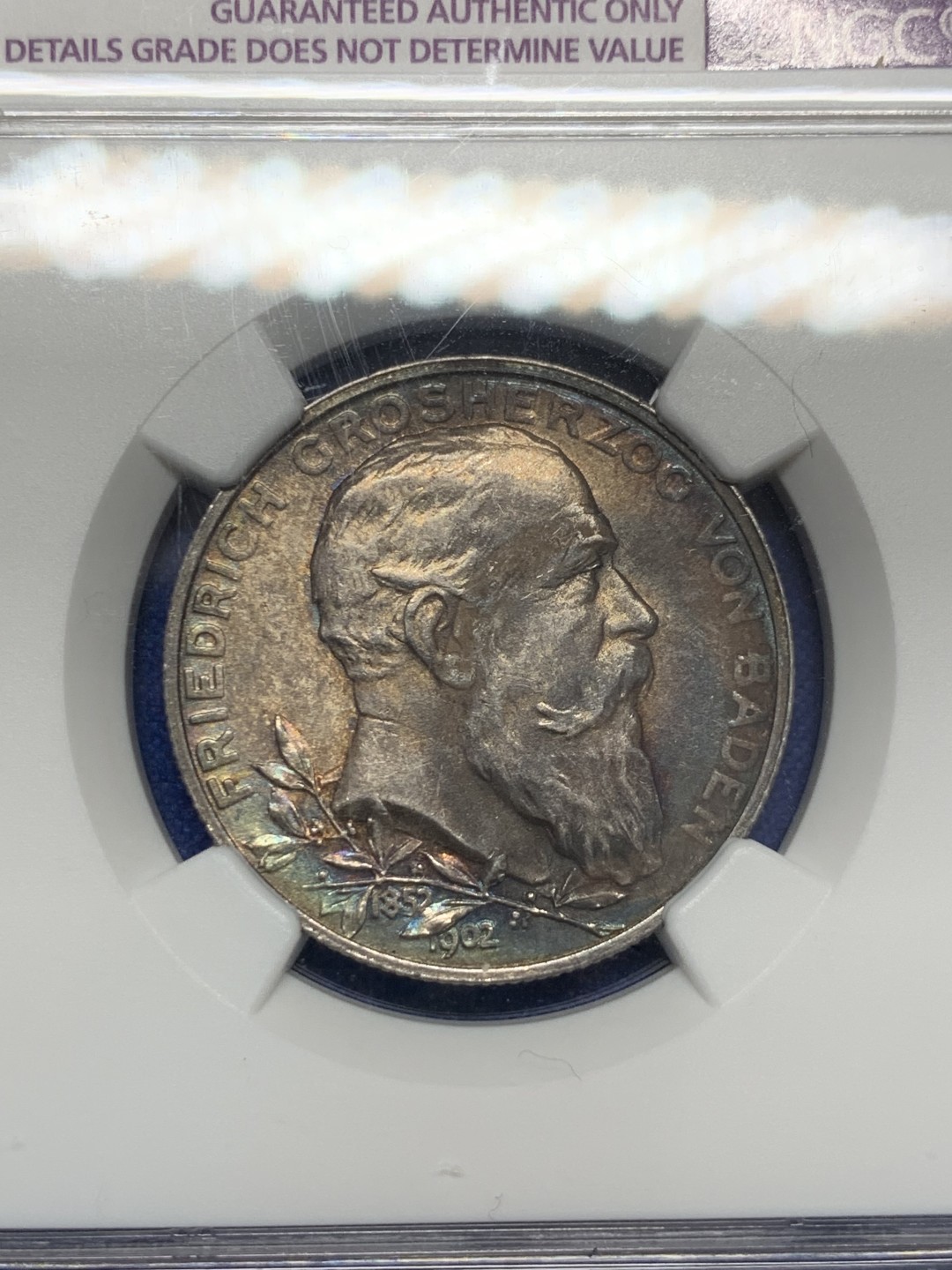 《竞宝斋》第149场-周日，周一，周四 3场 (全场包邮) NGC-AU 德国 1902年 巴登 在位五十年 2马克银币 蓝紫色包浆 味道很好