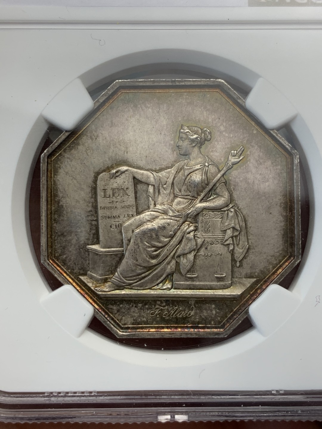 《竞宝斋》第149场-周日，周一，周四 3场 (全场包邮) NGC MS63 法国 1849年 巴黎公证处八角银代币 紫罗兰包浆 底板干净漂亮