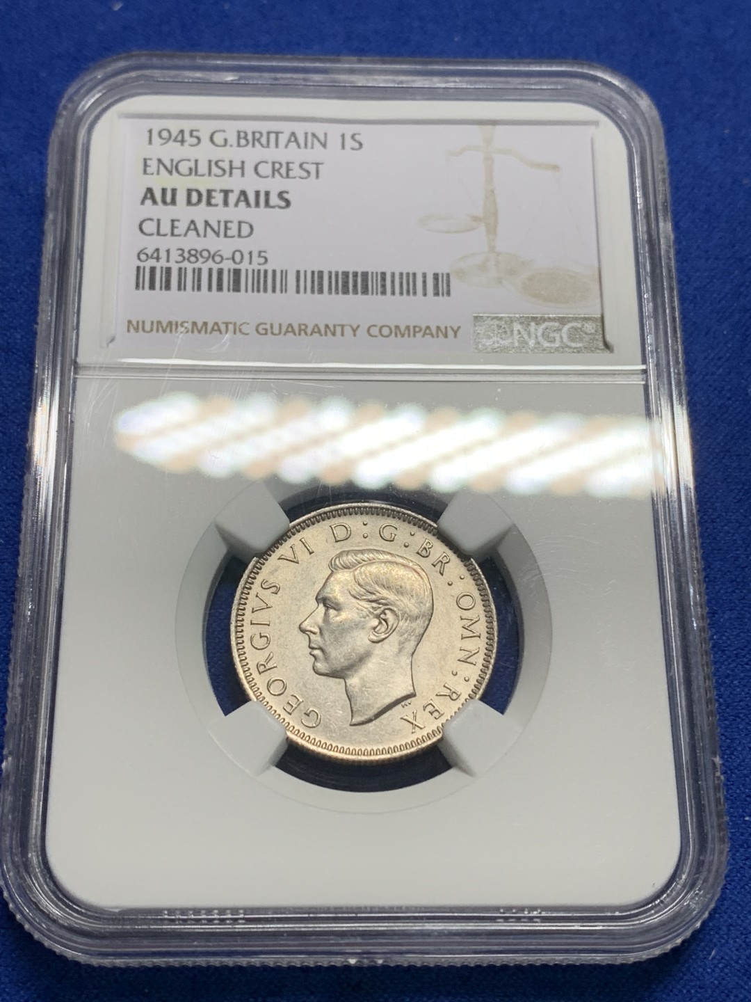 《竞宝斋》第149场-周日，周一，周四 3场 (全场包邮) NGC-AU 英国1945年 乔六1先令 银币