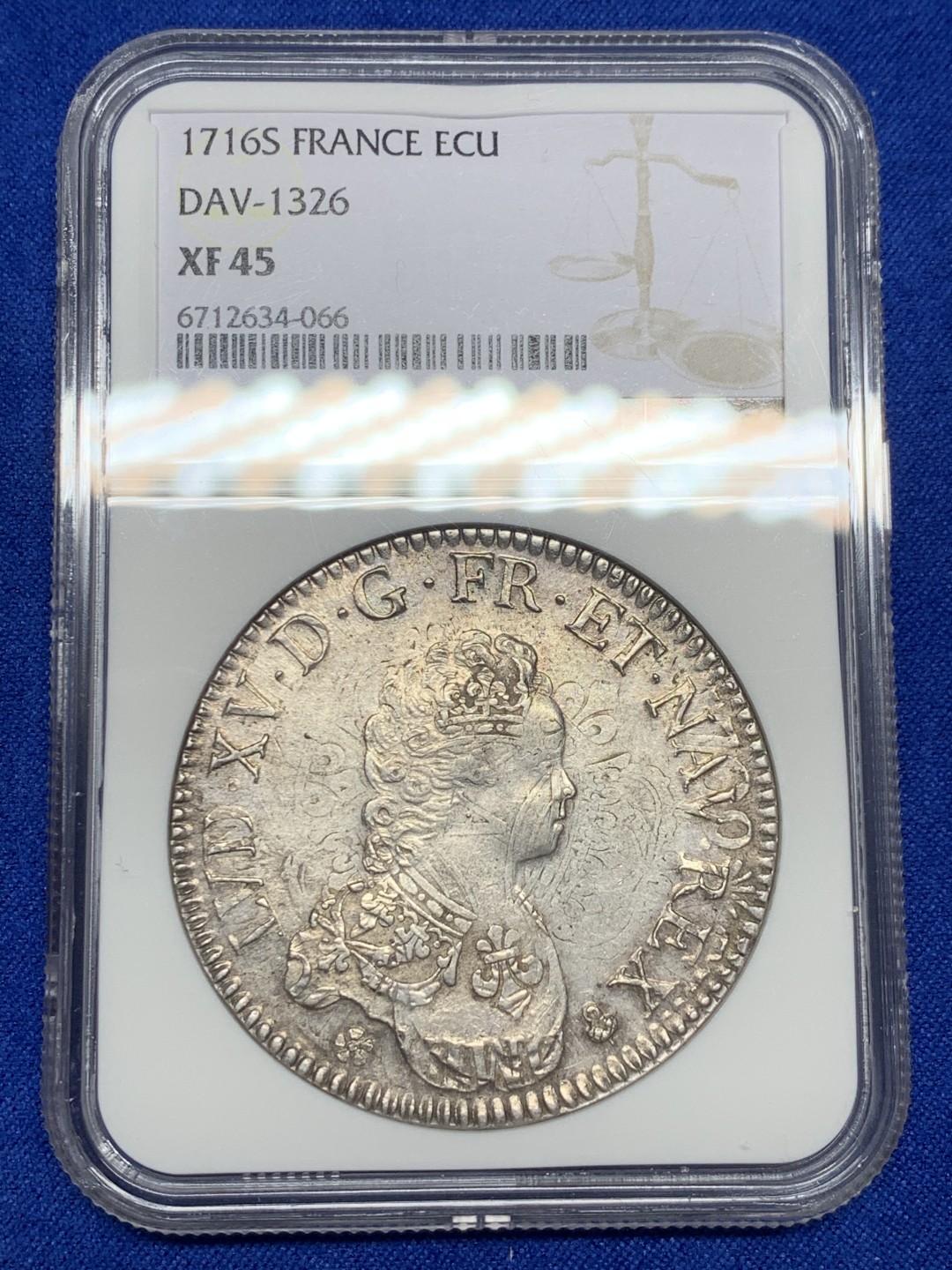 《竞宝斋》第149场-周日，周一，周四 3场 (全场包邮) NGC-XF45第五名 法国1716年路易十五1埃居大银币，币坯是路易十四太阳王1埃居