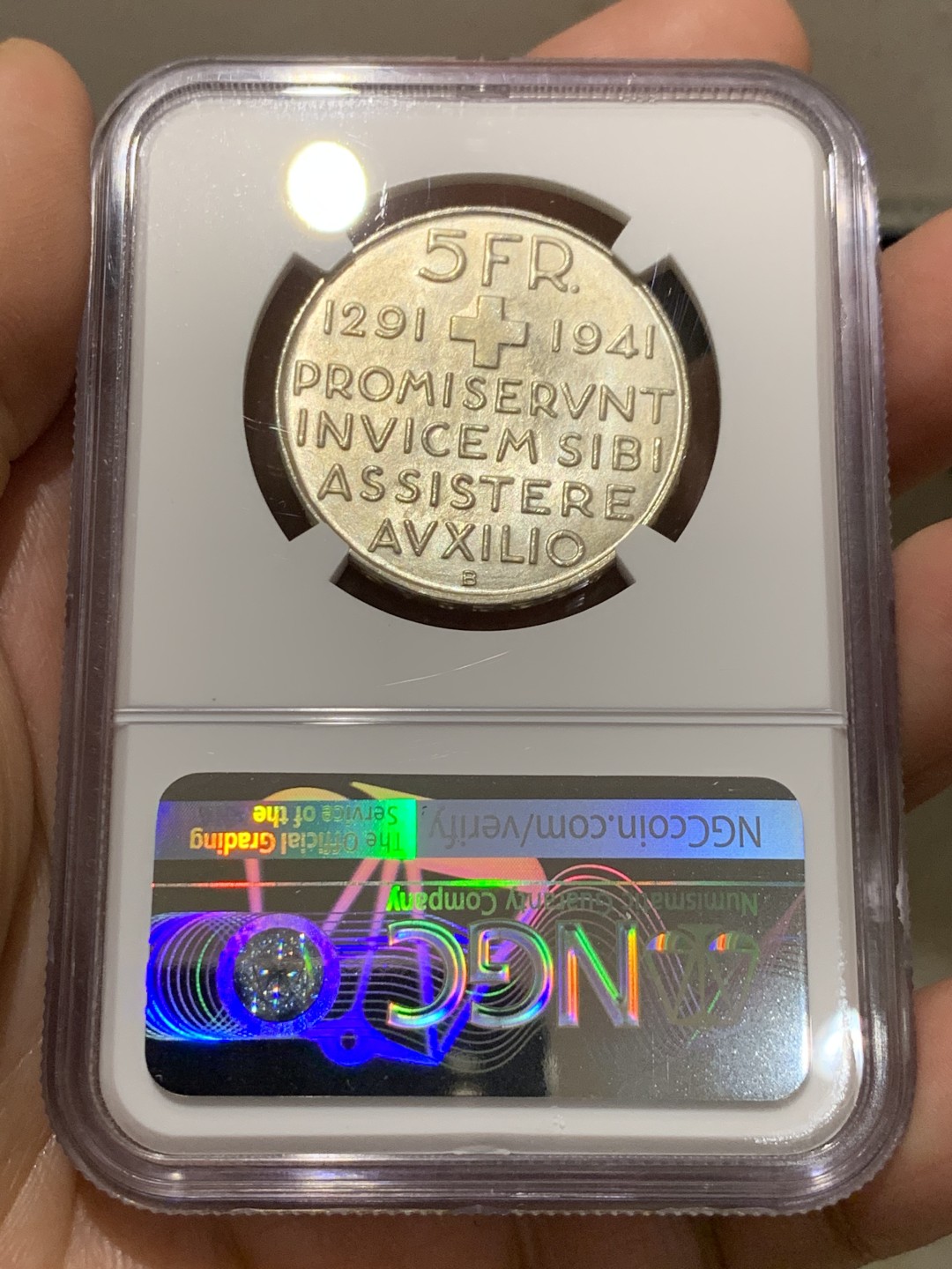 《竞宝斋》第149场-周日，周一，周四 3场 (全场包邮) NGC-MS65 瑞士1941年 联盟纪念 5法郎大银币 顶级品相